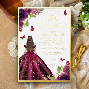 Plum Floral Dress Butterfly Quinceanera Gold Foil