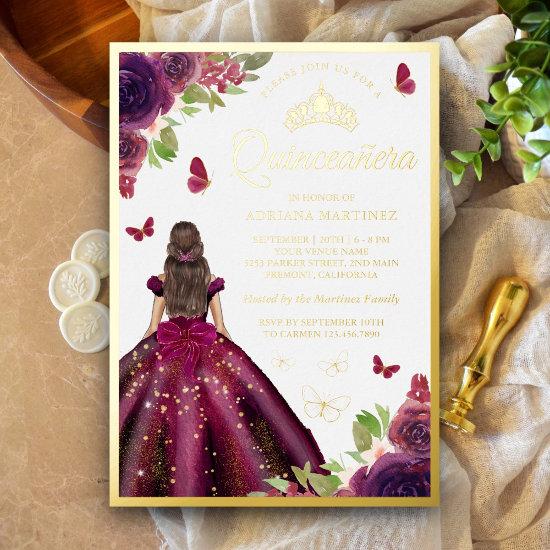 Plum Floral Dress Butterfly Quinceanera Gold Foil