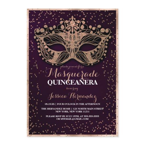 Plum Gold Glitter Confetti Masquerade Quinceañera