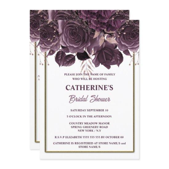 Plum gold white rose watercolor bridal shower chic