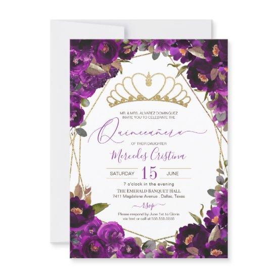 Plum Purple Gold Watercolor Floral Quinceañera Inv