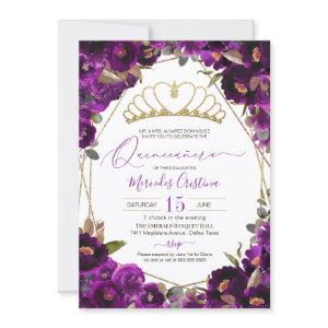 Plum Purple Gold Watercolor Floral Quinceañera