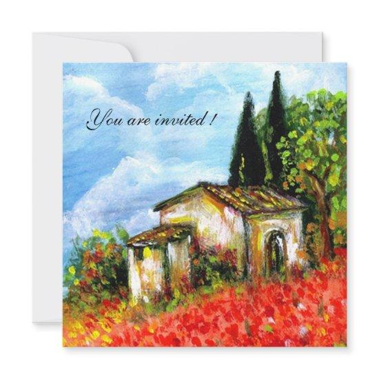 POPPIES TUSCANY LANDSCAPE Red Flower Fields Black