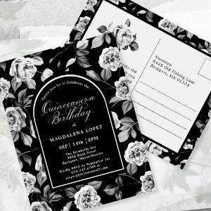 Postcard Invite Black White Floral Quinceanera