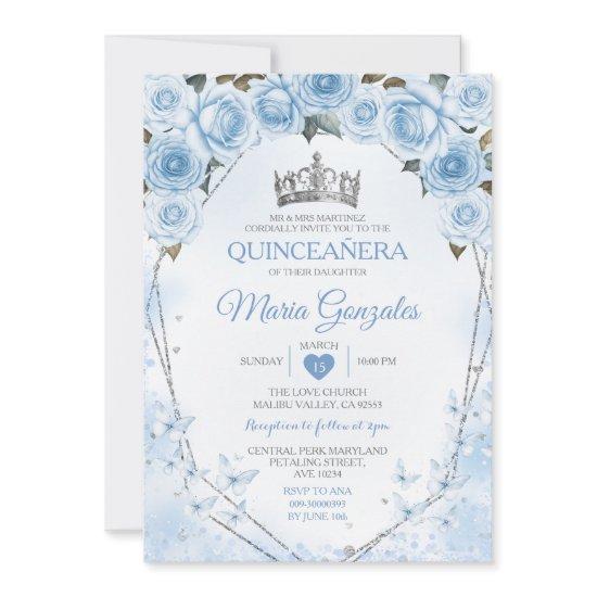 Powder Blue Quinceañera Crown Butterfly 15 Anos
