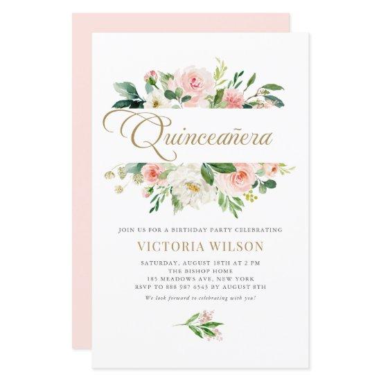 Pretty Blush Peony Floral Frame Quinceañera Invite