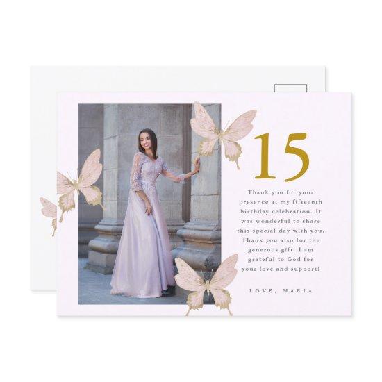 Pretty Butterflies Two Photo Quinceanera Thank You Postcard