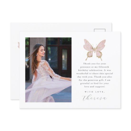 Pretty Butterfly Blush Photo Quinceanera Thank You Postcard