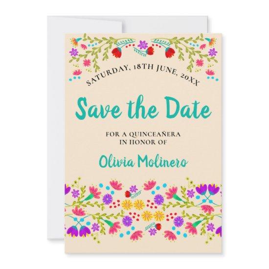Pretty Mexican Fiesta Floral Champagne and Green Save The Date