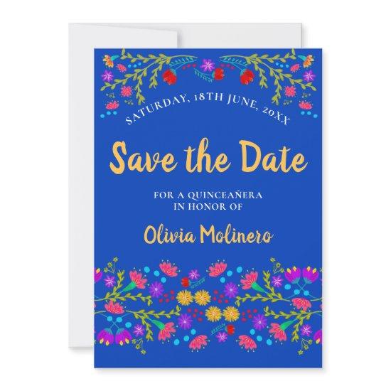 Pretty Mexican Fiesta Floral Royal Blue Save The Date