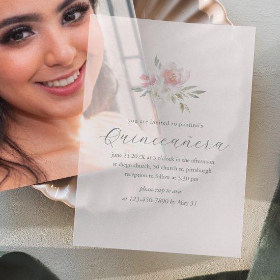 Pretty Pink Floral 15 Years Birthday Quinceañera Vellum