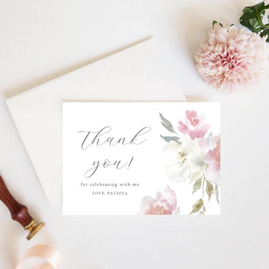 Pretty Pink Floral Birthday Quinceañera Thank You