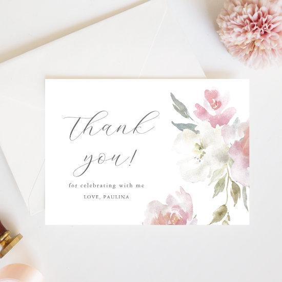 Pretty Pink Floral Quinceañera Photo Thank You