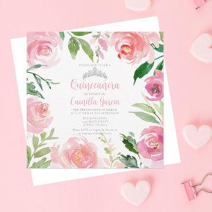 Pretty Pink Floral Quinceañera Silver Tiara Square
