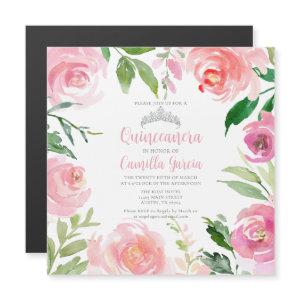 Pretty Pink Floral Quinceañera Silver Tiara Square Magnetic