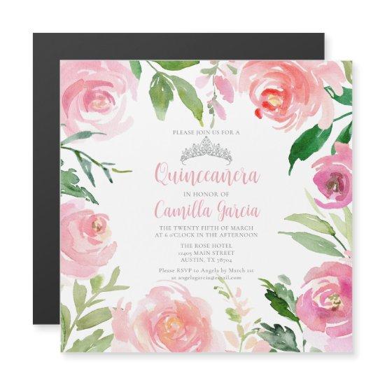 Pretty Pink Floral Quinceañera Silver Tiara Square Magnetic