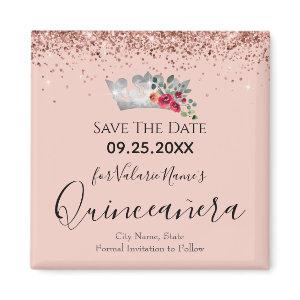 Pretty Pink Glitter Quinceanera Save the Date Magnet