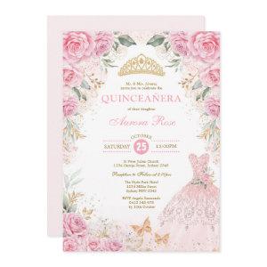Pretty Pink Gold Roses Princess Dress Quinceañera