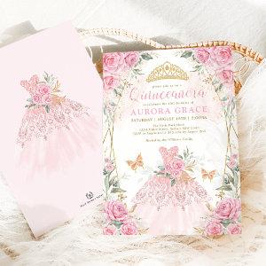 Pretty Pink Gold Roses Princess Dress Quinceañera