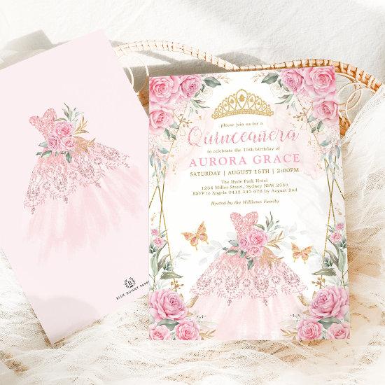 Pretty Pink Gold Roses Princess Dress Quinceañera