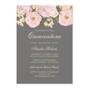 Pretty Pink Gray Floral Quinceanera