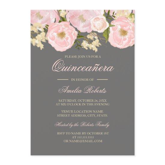 Pretty Pink Gray Floral Quinceanera