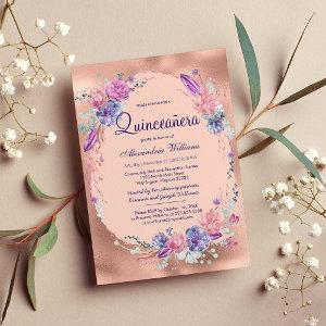 Pretty Purple Pink Rose Gold Floral Quinceañera