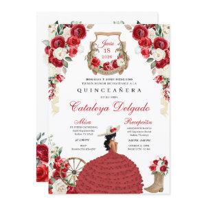 Pretty Red Floral Western Charro Quinceañera