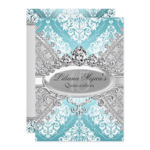 Pretty Silver Blue Damask & Tiara Quinceanera