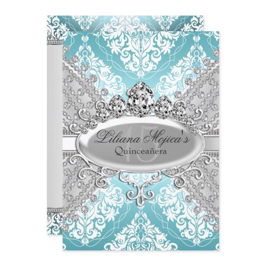 Pretty Silver Blue Damask & Tiara Quinceanera