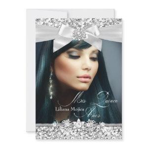 Pretty Silver Glitter Bow Photo Quinceanera Invite