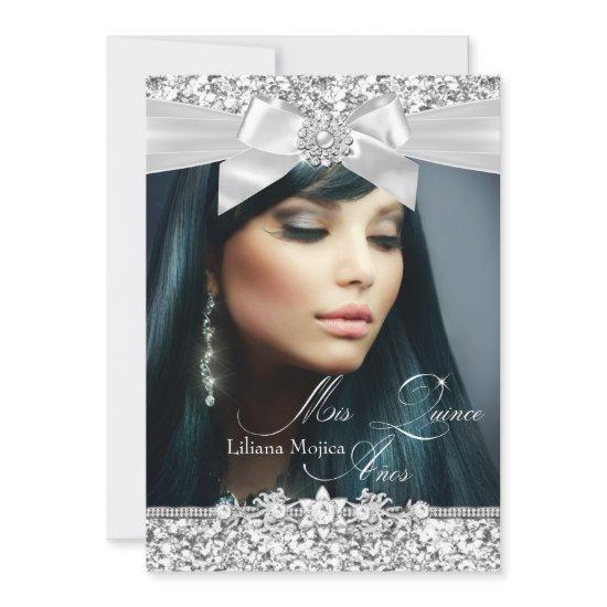 Pretty Silver Glitter Bow Photo Quinceanera Invite