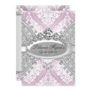 Pretty Silver Pink Damask & Tiara Quinceanera