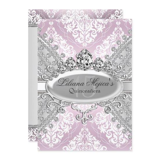 Pretty Silver Pink Damask & Tiara Quinceanera