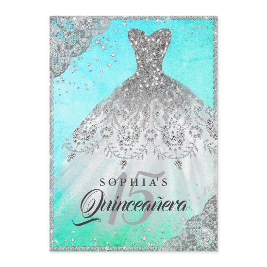 Pretty Teal Diamond Lace Sparkle Gown Quinceanera