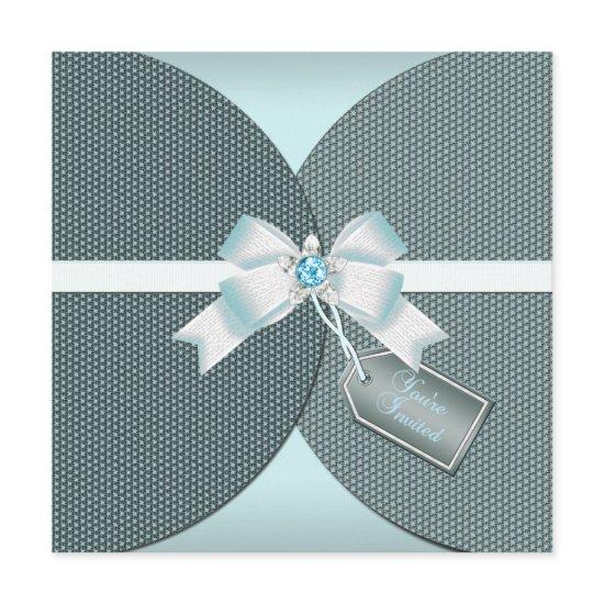 Pretty Teal Invite with Ribbon and Jeweled Bow