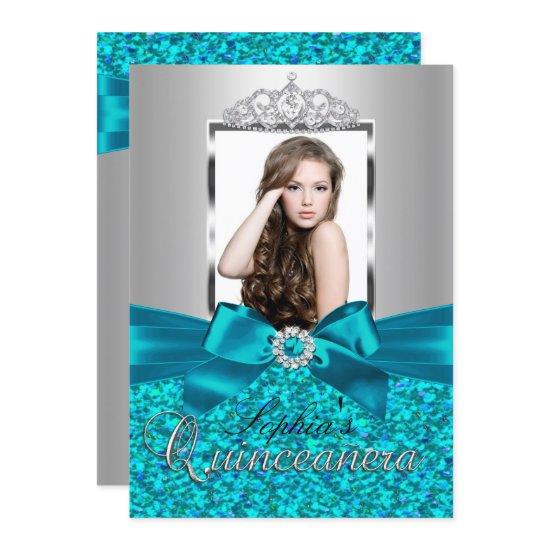 Pretty Teal Silver Bow & Tiara Quinceanera