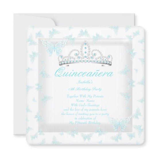 Pretty Teal White Quinceanera Tiara Butterfly