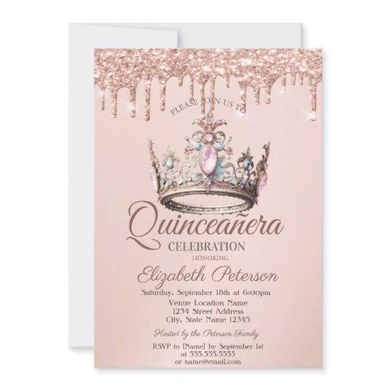 Princess Crown Castle Rose Gold Drips Quinceañera