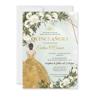 Princess gold dress greenery floral Quinceañera