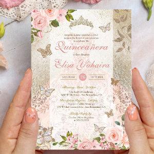 Princess Pink Gold Rose Butterfly Glam Quinceanera