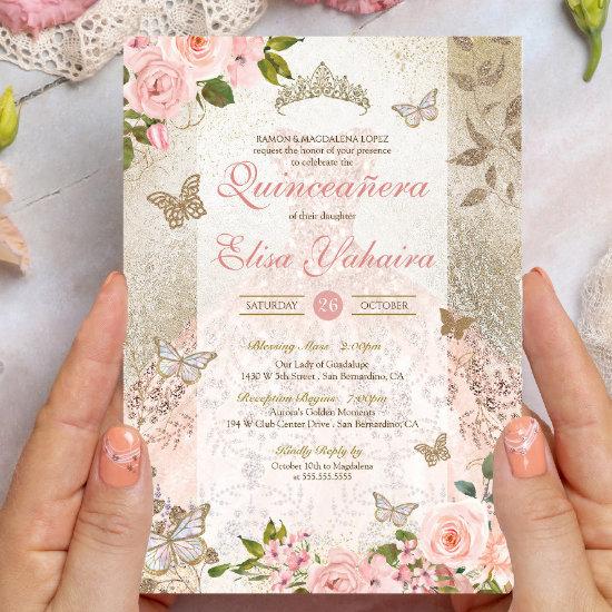 Princess Pink Gold Rose Butterfly Glam Quinceanera