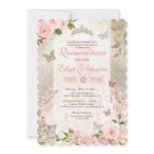 Princess Pink Gold Rose Butterfly Glam Quinceanera