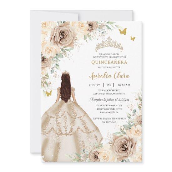 Princess Quinceañera Champagne Floral Roses Dress