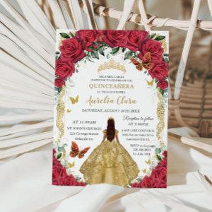 Princess Quinceañera Red Roses Floral Gold Dress