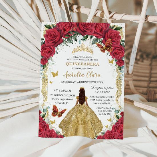 Princess Quinceañera Red Roses Floral Gold Dress