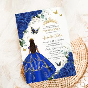 Princess Quinceañera Royal Blue Roses Dress Gold
