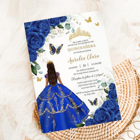 Princess Quinceañera Royal Blue Roses Dress Gold