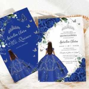 Princess Quinceañera Royal Blue Roses Silver Dress