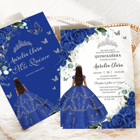 Princess Quinceañera Royal Blue Roses Silver Dress
